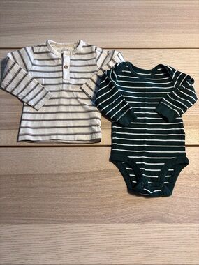 Striped Green & Cream Long-Sleeve Bodysuit Set - Kids